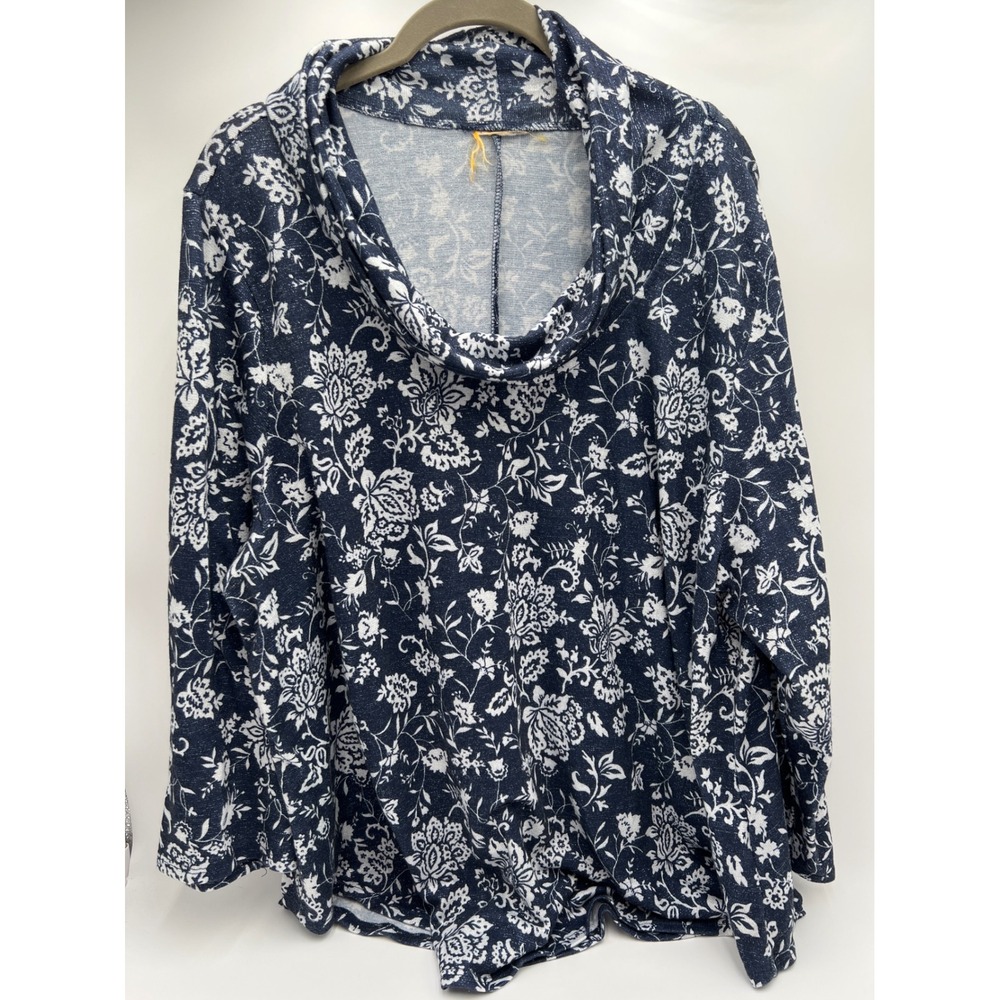 Womens Floral Print Cowl Neck‎ Long Sleeve Top Blue White Casual Everyday XXL